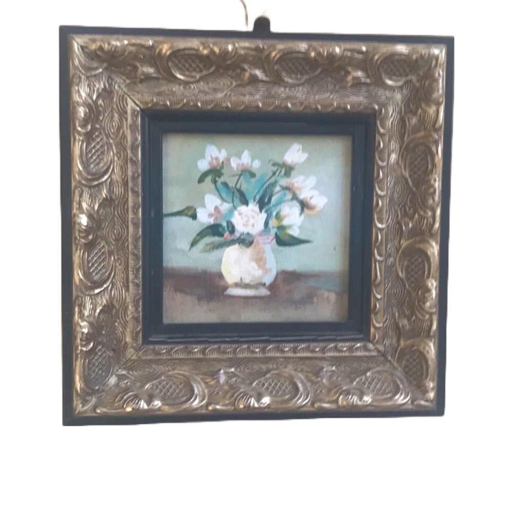 Brushed Silver Antique Framed Art Floral Painted Piece (7"x7")
